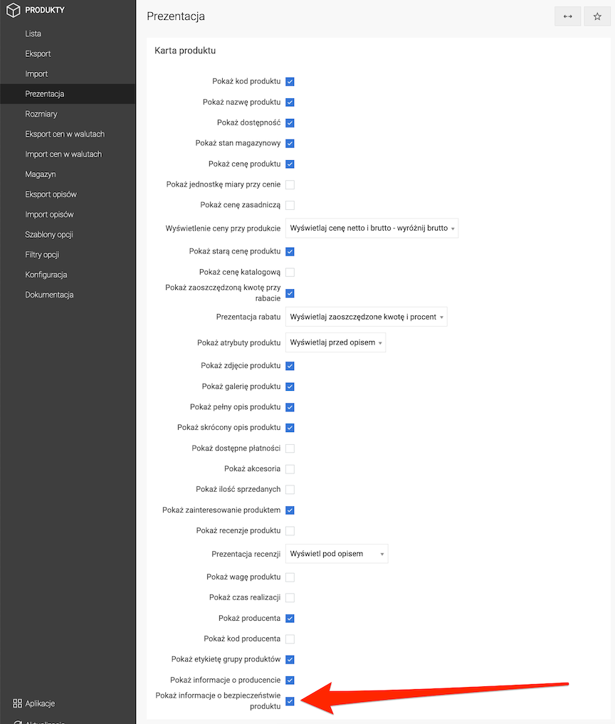 Włączenie wyświetlania informacji o bezpieczeństwie produktu
