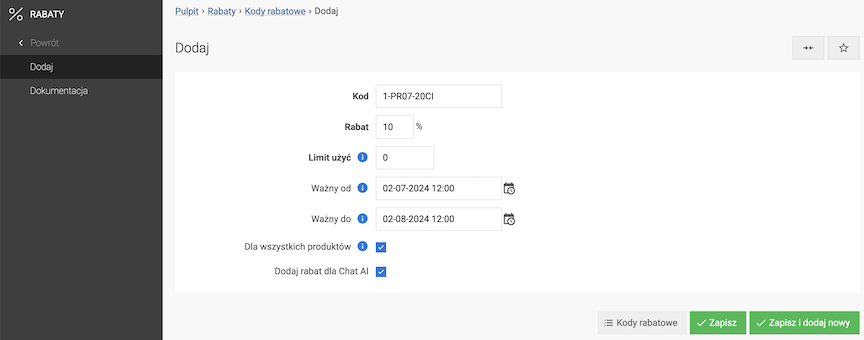 Dodawanie kodu rabatowego dla Chat AI