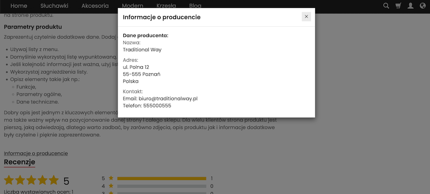 Prezentacja informacji o producencie na karcie produktu