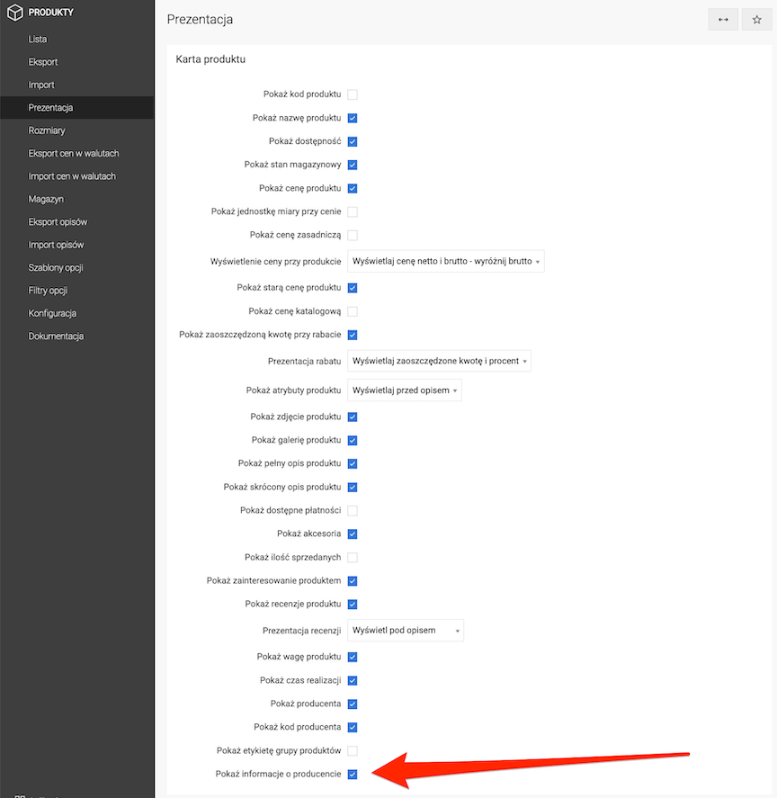 Włączenie wyświetlania informacji o producenciea na karcie produktu