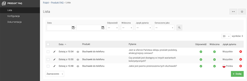 Lista zapytań FAQ produktów